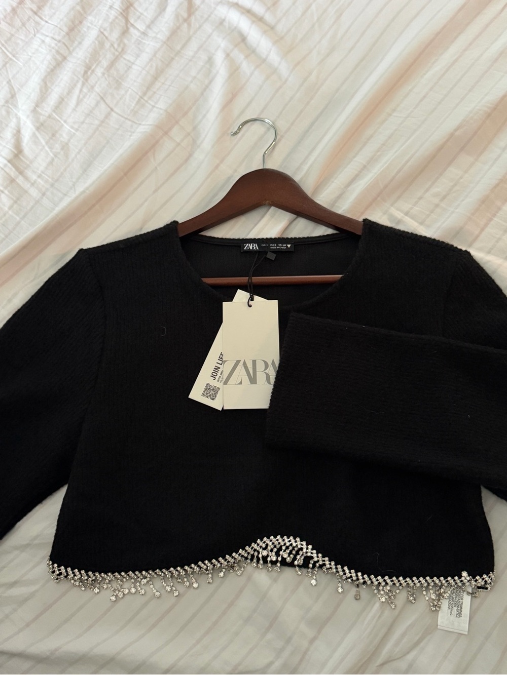 Zara Black Crewneck Cropped Sweater with Silver Bead Trim
